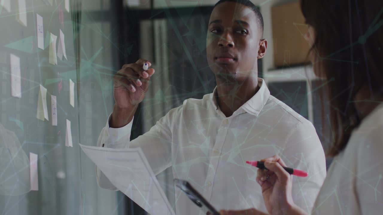 Animation of data processing over diverse business people in office