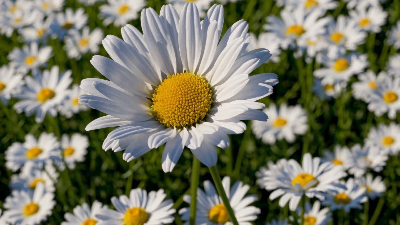 Video ravvicinato di una margherita in un campo, ripreso ad altezza occhi. L'attenzione è rivolta al fiore centrale