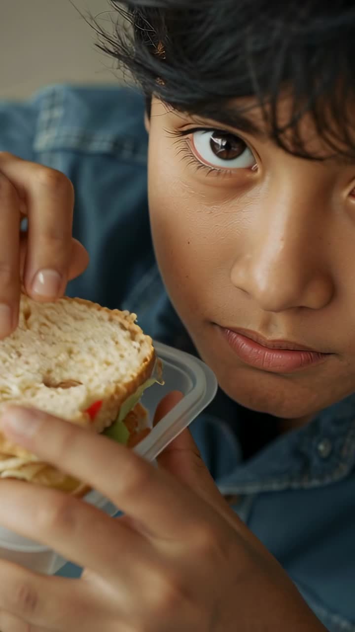 Video verticale: Adolescente in camicia di jeans che solleva e mostra un panino ai cereali in una scatola alla telecamera a tavola