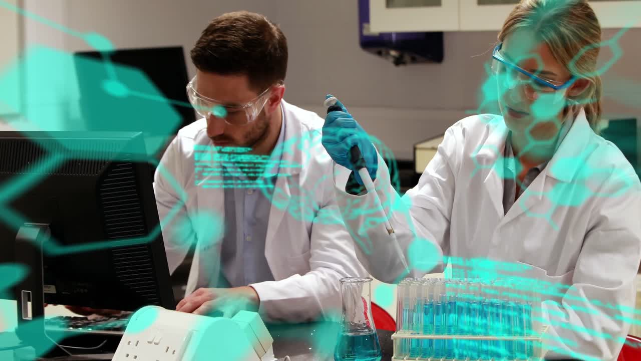 animación de fórmulas y procesamiento de datos sobre trabajadoras y trabajadores de laboratorio caucásicos