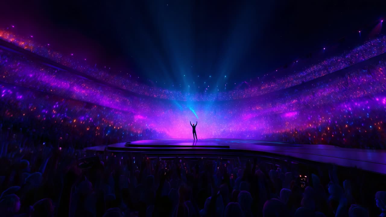 A Stunning Display of Color and Light as an Artist Takes Center Stage, Enveloped by Enthusiastic Fans in an Electric Atmosphere Filled with Energy and Excitement