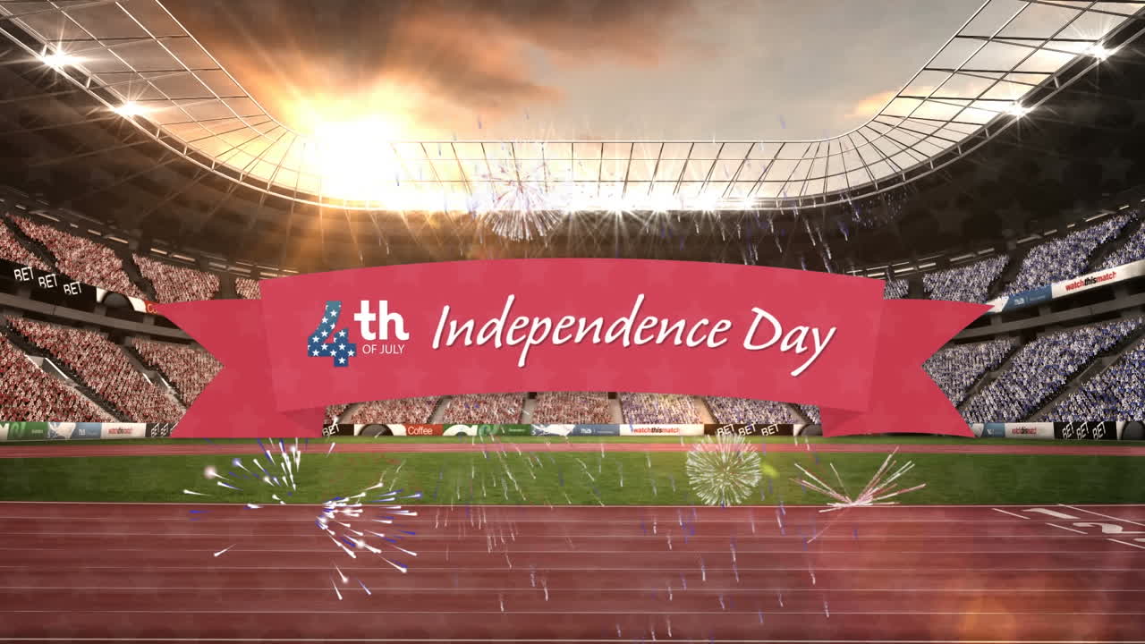composición del texto del día de la independencia del 4 de julio y fuegos artificiales sobre el estadio