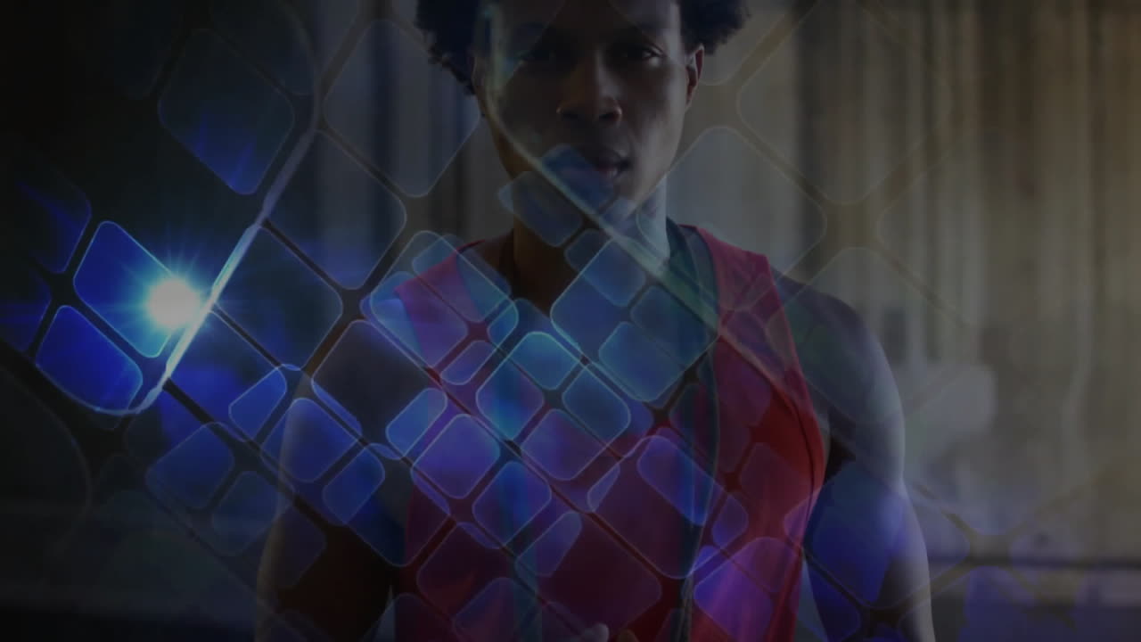 Man wearing headlamp standing in dim room, showing futuristic grid overlays in technology scene