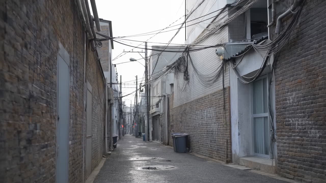 Tuğla Duvarlar ve Havai Tellerle Boş Bir Şehir Ara Sokağı