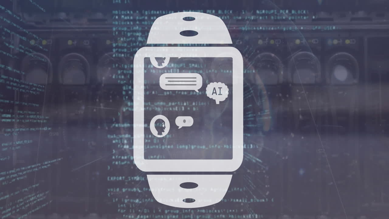 Animation of ai chat box in digital watch over computer language against cables