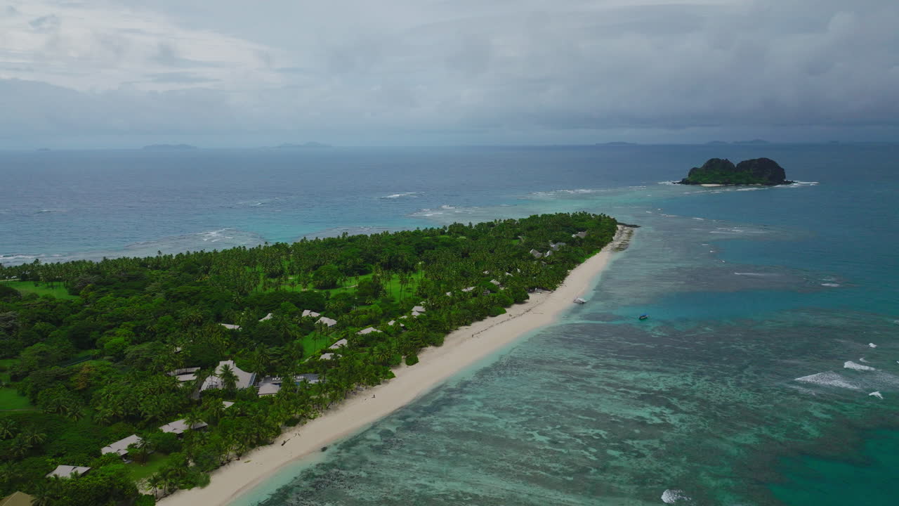Drone flies above beachfront with palm lined shore and vibrant reef