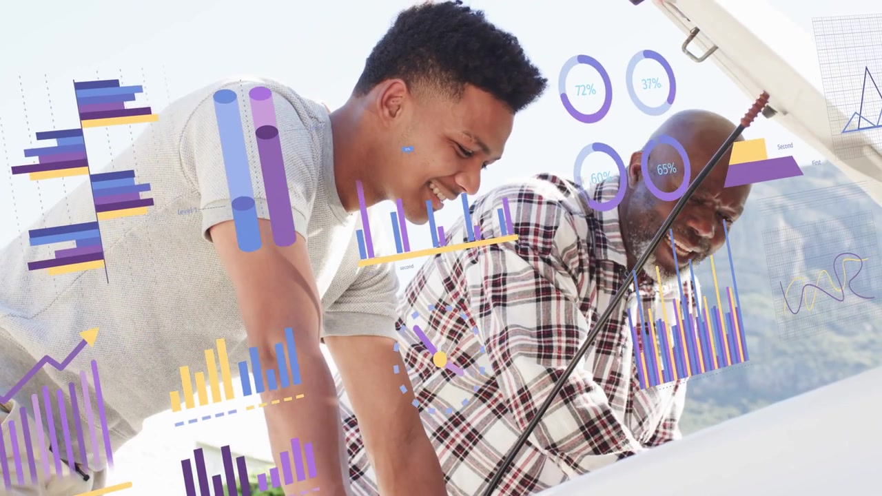 Two Men Inspecting Car Engine with Digital Data Overlay