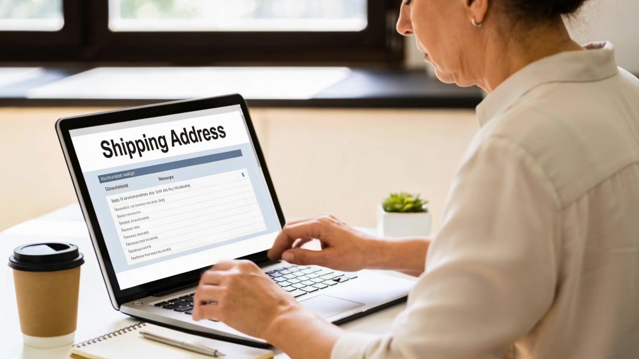 Typing senior woman wearing blouse at home desk entering Shipping Address on laptop, moving cup