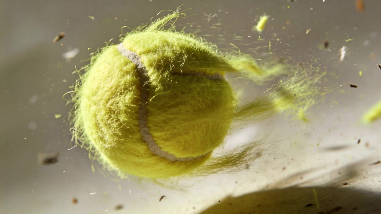 Launching yellow-green tennis ball with white seam moving across studio, shedding fuzz and dust