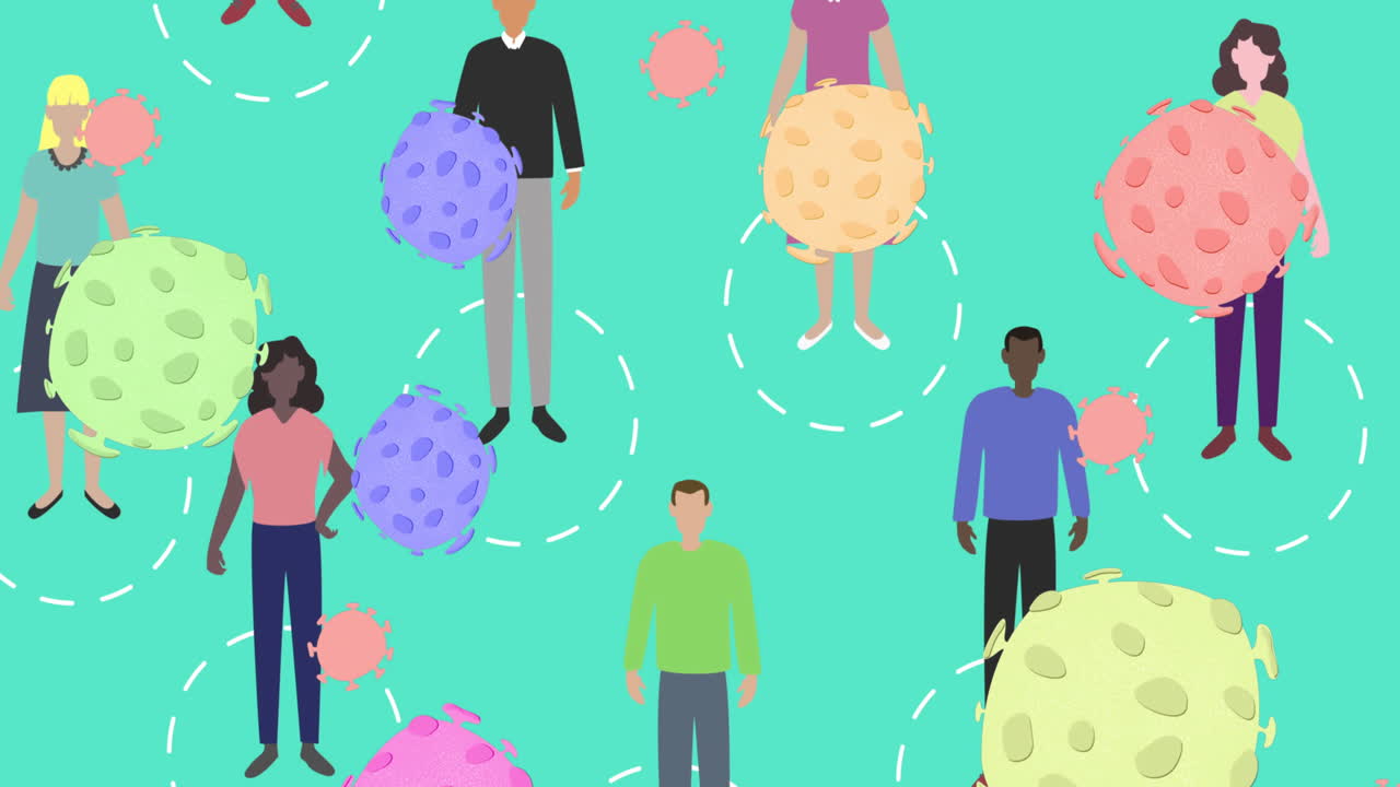 마스크를 착용한 사람들에게 퍼지는 거대한 코로나19 세포의 애니메이션 사회적 거리두기