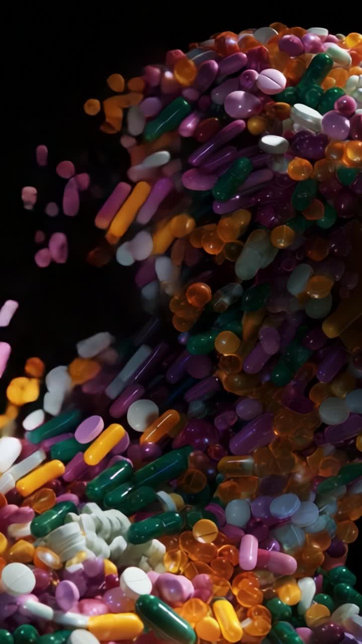 A Colorful Cascade of Pills and Capsules Flowing Gracefully Against a Dark Background, Highlighting Their Unique Shapes and Vibrant Colors