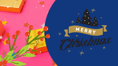 animación de texto de feliz navidad sobre la nieve que cae y regalos