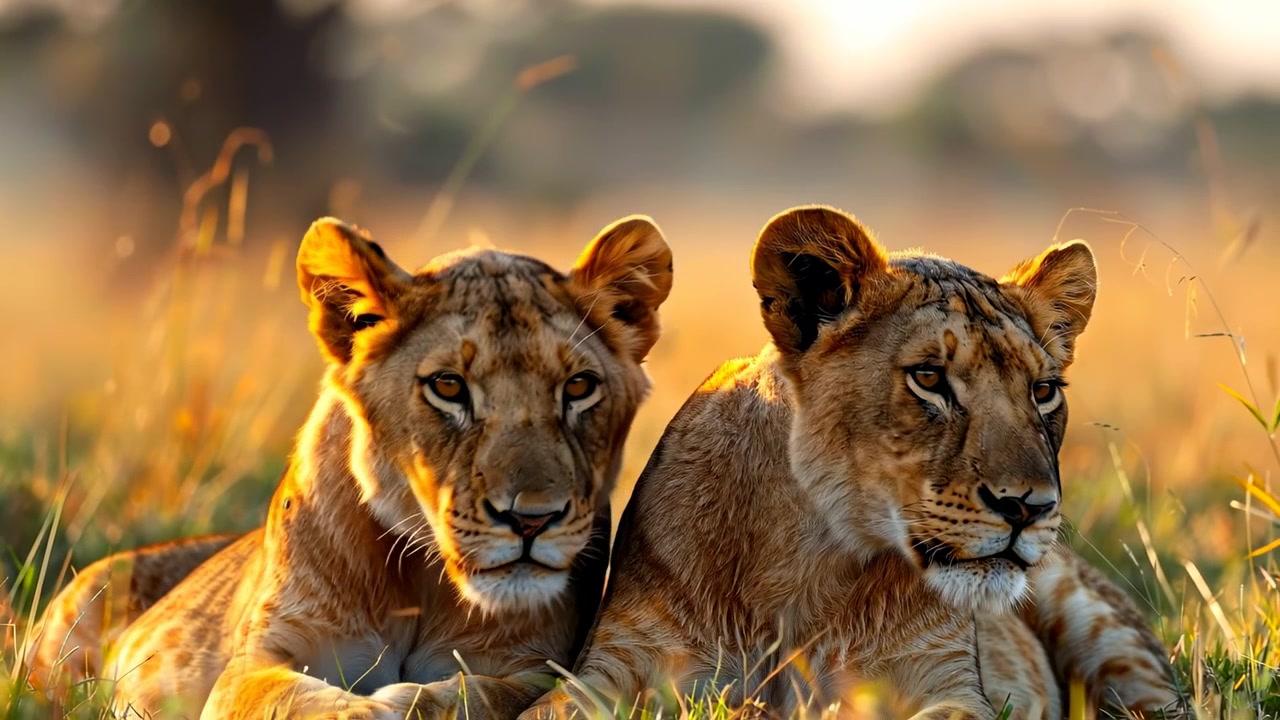 Dos leones jóvenes descansando en la hierba dorada de la sabana al atardecer. Dos cachorros de león acostados uno al lado del otro con los ojos cerrados bajo la luz del sol del atardecer en la hora dorada.
