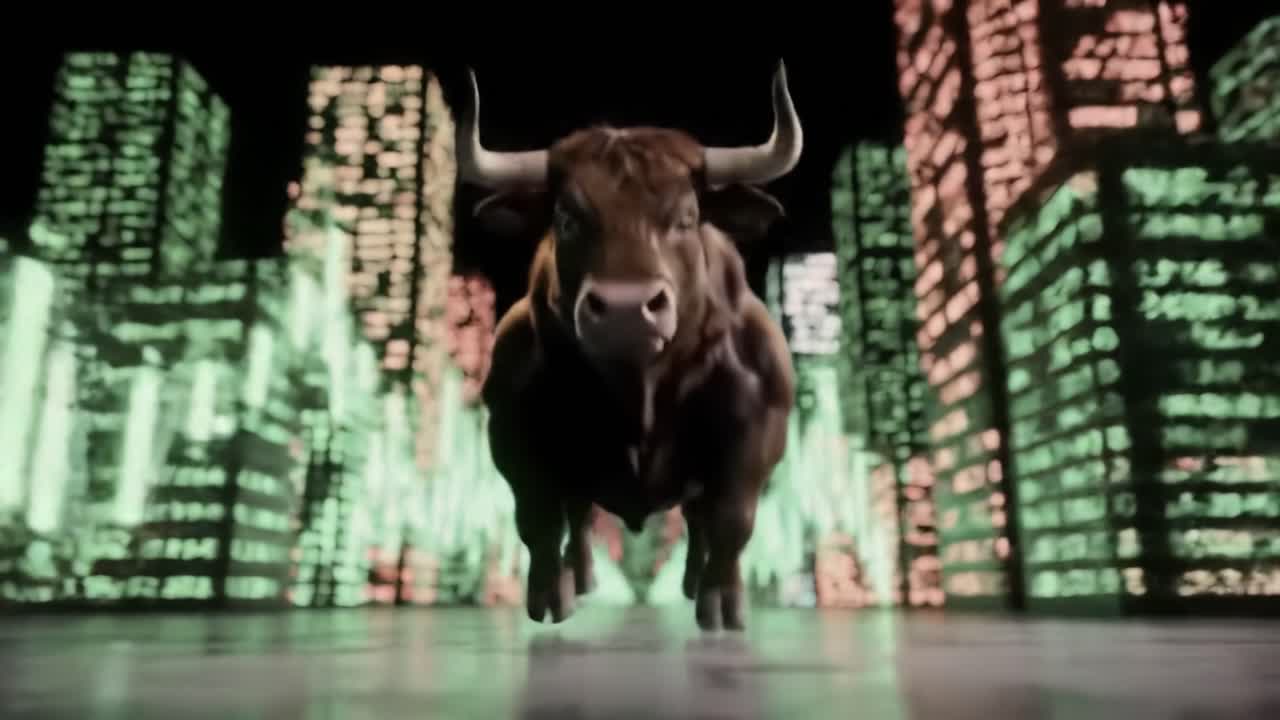 A powerful bull runs through a neon-lit urban environment, surrounded by towering skyscrapers and digital displays. The scene captures the energy of the city and the strength of the animal.