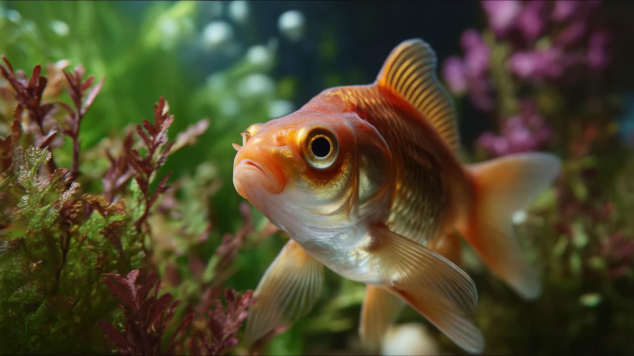 Pesce rosso vivace che nuota tra piante acquatiche rigogliose in un ambiente acquatico ben illuminato, con una flora colorata che esalta l'estetica subacquea
