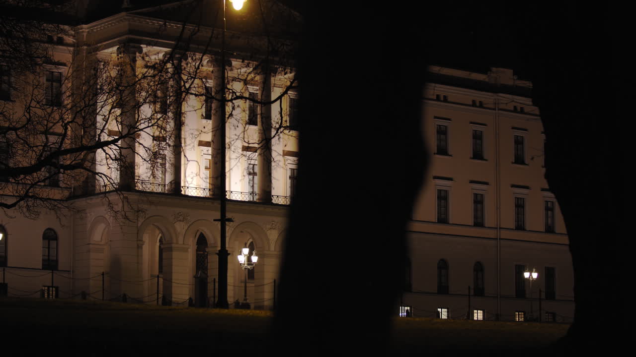 Cinematic slow motion wide shot with dark trees moving in parallax motion in front of illuminated Royal Palace balcony with unrecognizable visitors in front of buildings, at night in Oslo Norway