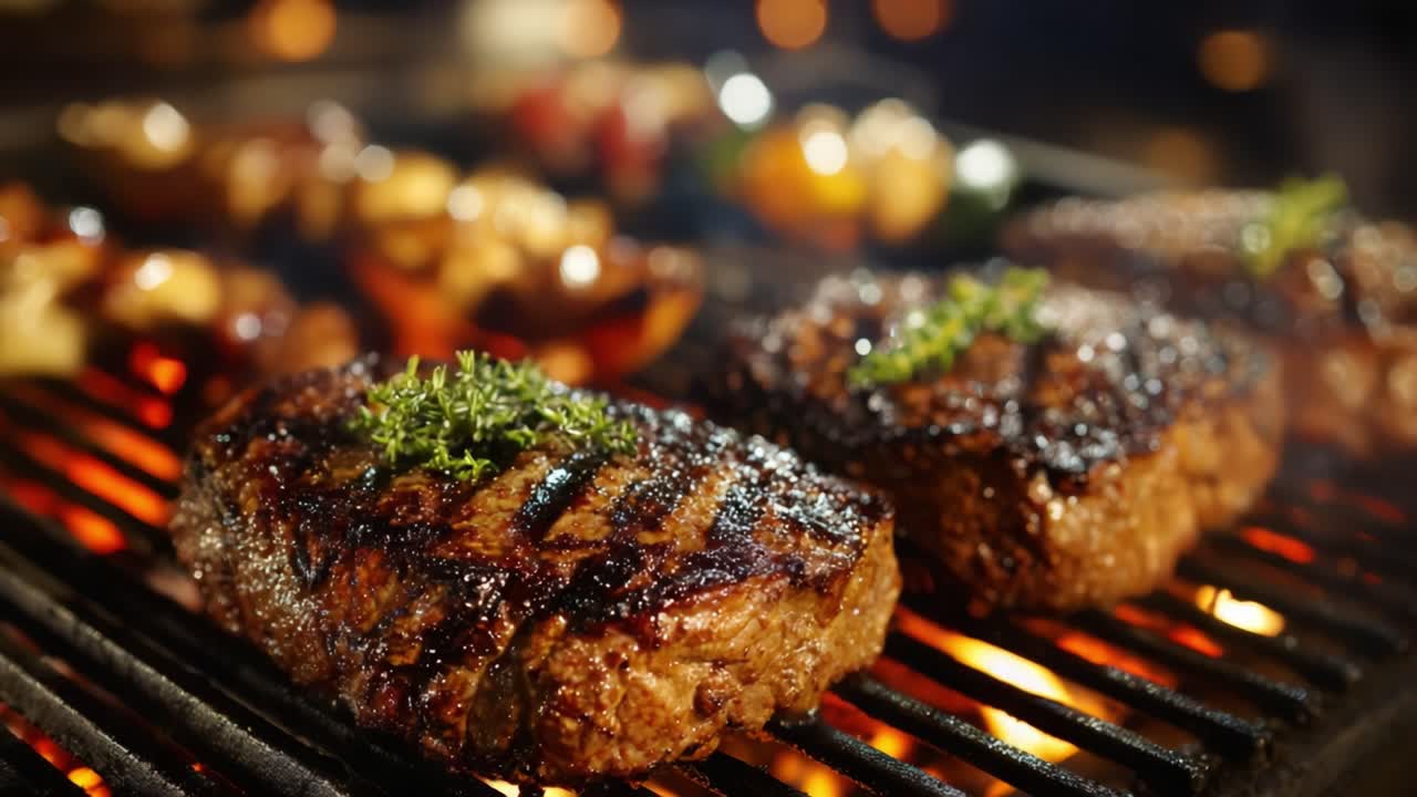 La perfezione della grigliata: bistecche succulente sfrigolano sul barbecue con fiamme ed erbe fresche, creando una delizia acquolina in bocca per tutti gli appassionati di barbecue.