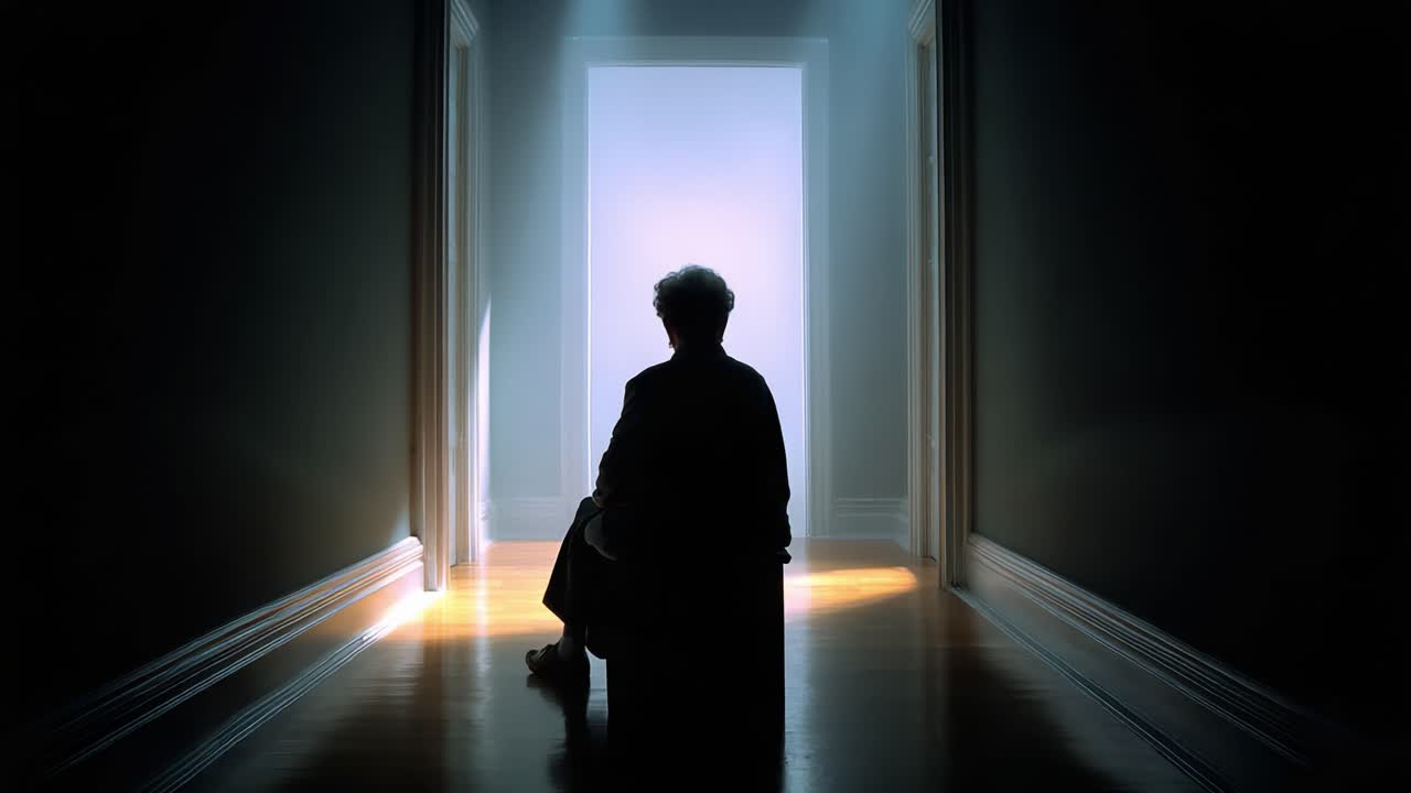 Una figura solitaria medita in un corridoio scarsamente illuminato, incorniciata da una porta luminosa in fondo, evocando temi di solitudine, riflessione e speranza