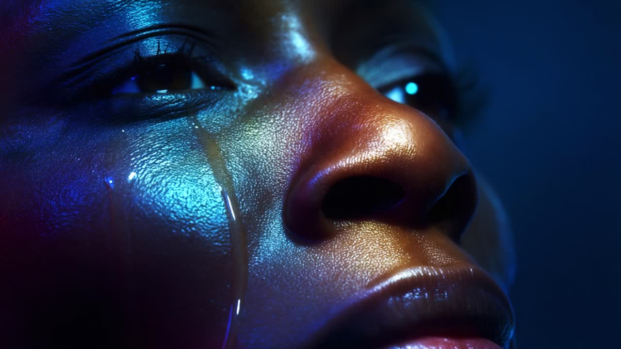 Emotional Journey Captured: Intense Close-Up of an Individual with Enhanced Skin Texture and Expressive Eyes, Reflecting Deep Feelings Through Vivid Lighting and Tears