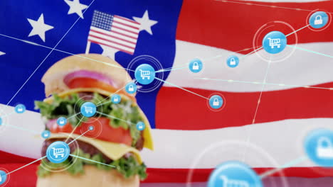 animation of network of connections with icons and flag of usa over hamburger