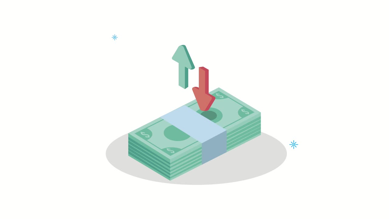 Finansøkonomi animation med pengesedler og pile