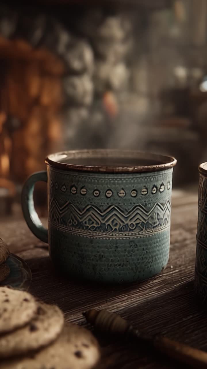 A Serene Moment: Enjoying a Warm Beverage with Cookies by the Hearth in a Cozy, Rustic Setting