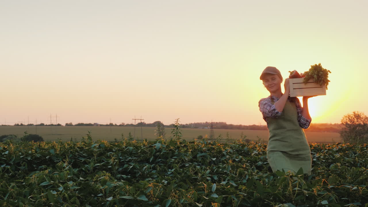 una agricultora con una caja de verduras frescas camina por su campo comiendo sano y vegeta fresca