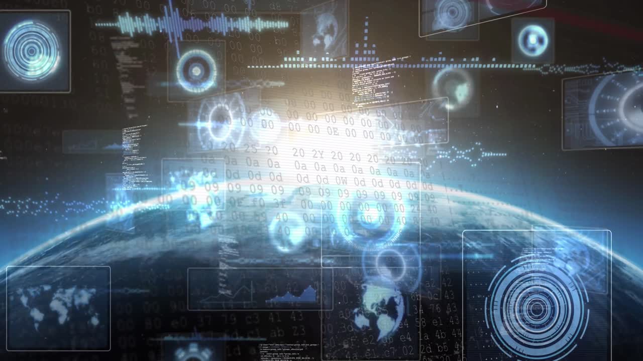 지구를 스캔하는 스크린과 스 ⁇ 에서 데이터 처리의 애니메이션