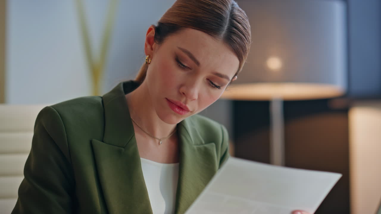 Businesswoman hands writing notes comfortable workplace. Lady reading documents