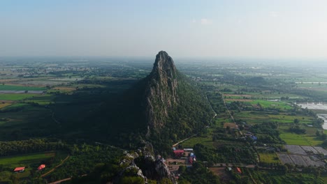 aerial view of a mountain and surrounding farmland