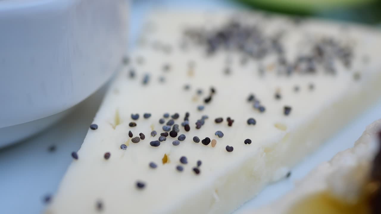 Close up of a triangular piece of cheese with seeds