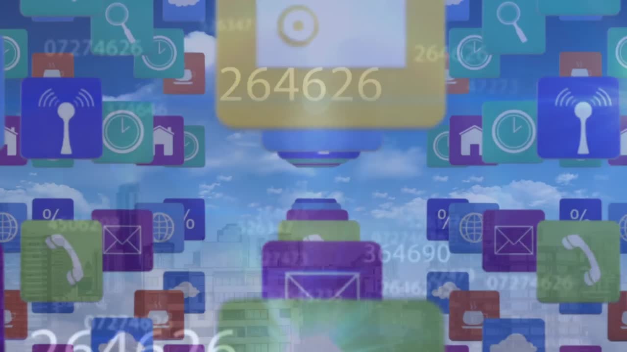 클라우드 상의 데이터 처리 및 미디어 아이콘의 애니메이션