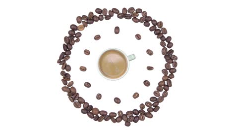 hora del café - taza de café con espuma y reloj de granos de café, animación de bucle sin costuras aislada sobre un fondo blanco