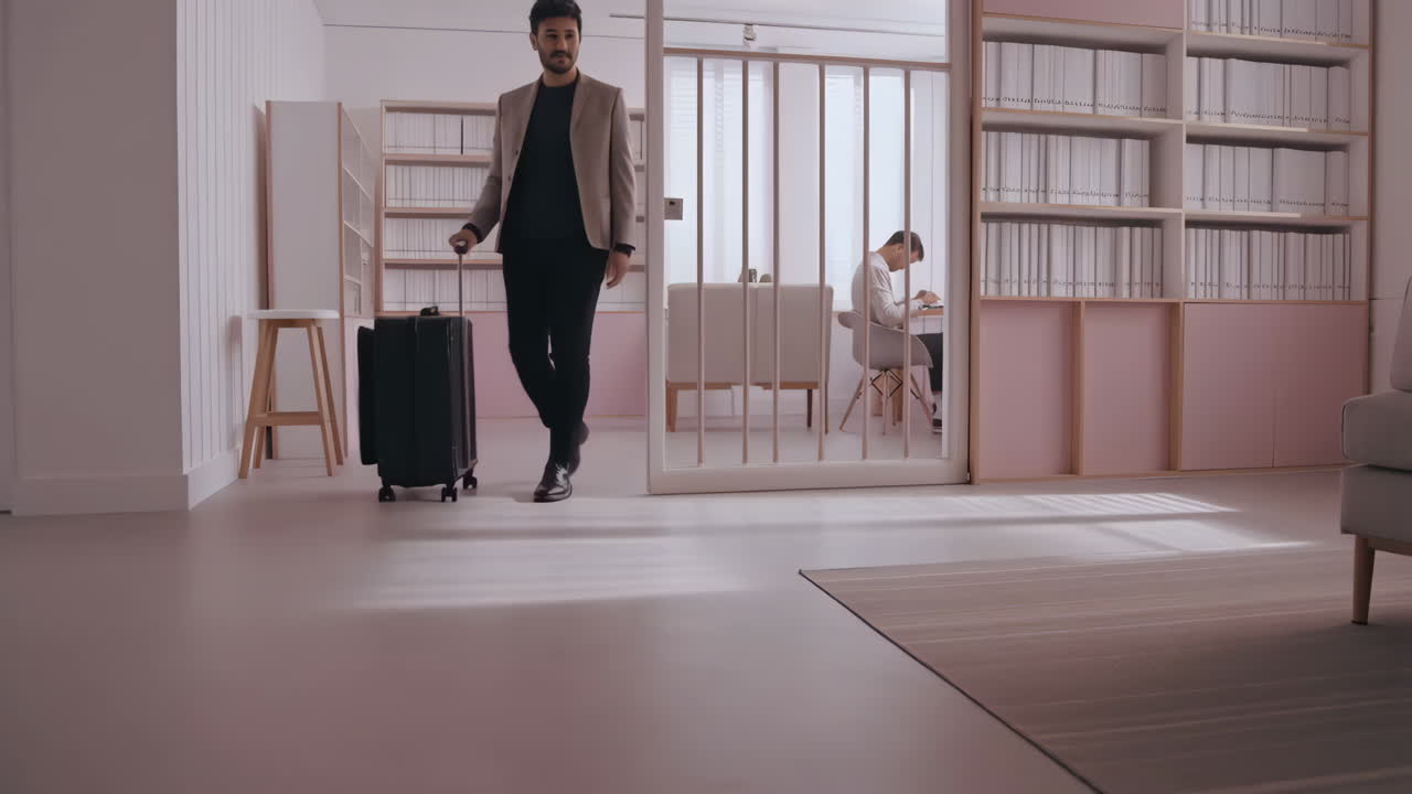 Man pulling a suitcase through a modern office space
