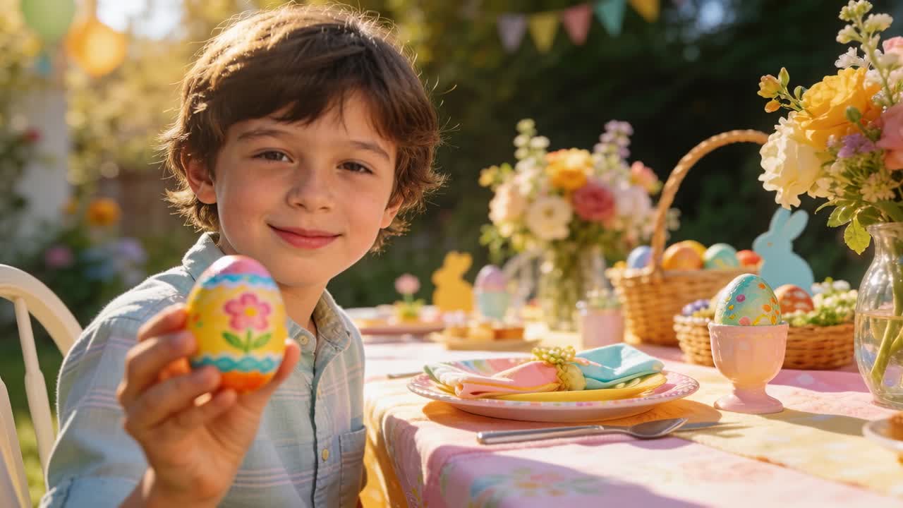 Boy smiling to camera and presenting painted Easter egg at sunlit garden table, turning egg forward