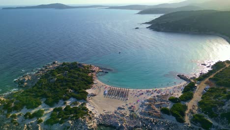 Picturesque-aerial,-Punta-Molentis-Beach,-Villasimius,-South-Sardinia,-Italy