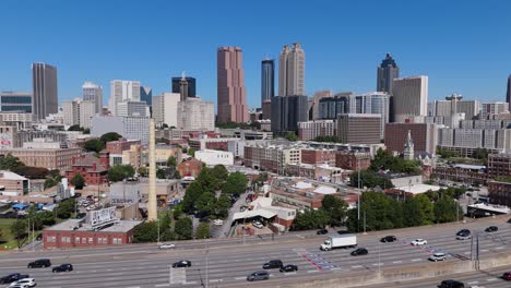 static drone shot of downtown atlanta on a summer day
