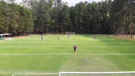 drone image of soccer game in beautiful woodland setting