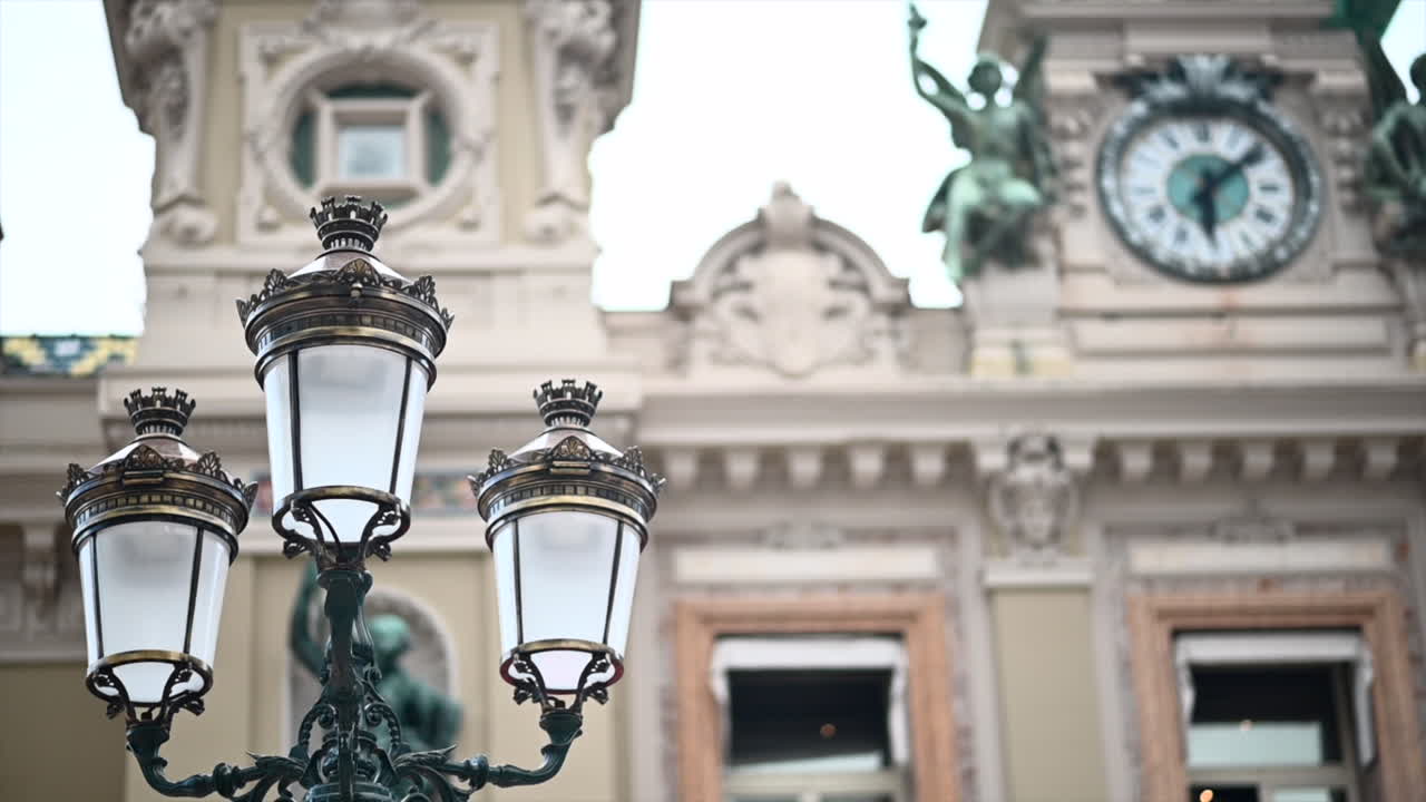 Casino of Monte Carlo building with big metallic lanterns in Monaco, close up view