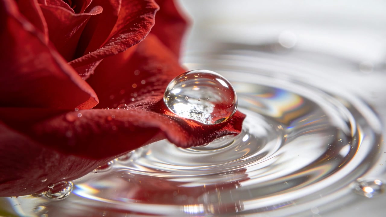 Settling droplet on red rose petal making rings on shallow pool, revealing beads and highlights
