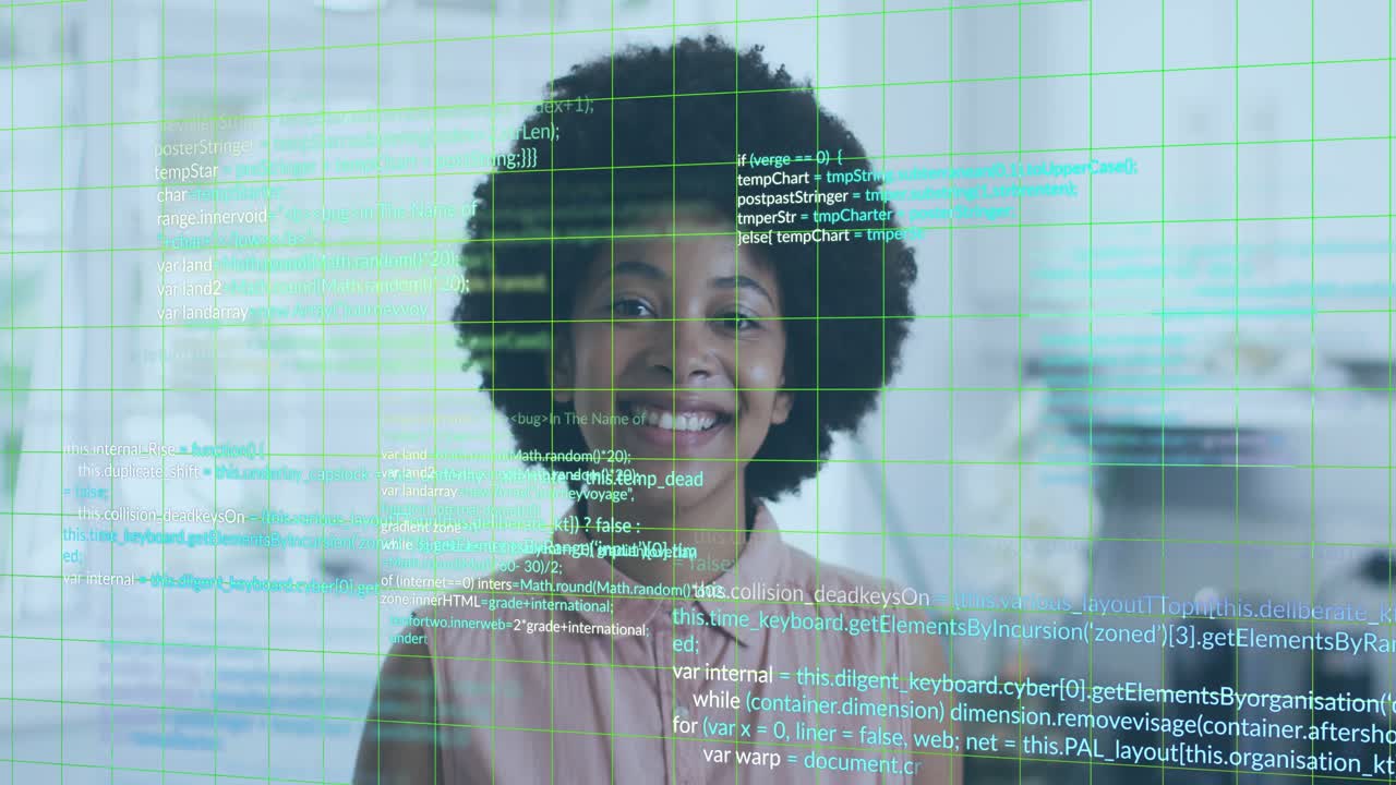 Woman standing center facing cam while green grid popping over her, code lines moving showing tech