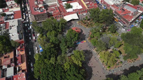 Coyoacan-aerial-views,-Hidalgo-gardens-and-beyond-at-Mexico-City