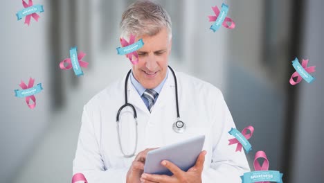 Animation-of-breast-cancer-awareness-ribbons-over-caucasian-male-doctor-with-tablet