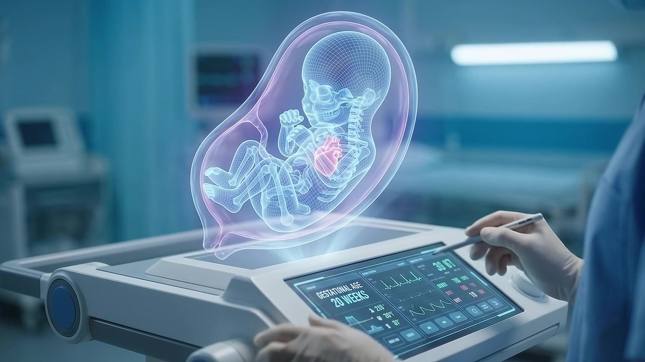 Doctor Examining Fetal Hologram on Advanced Medical Ultrasound Machine