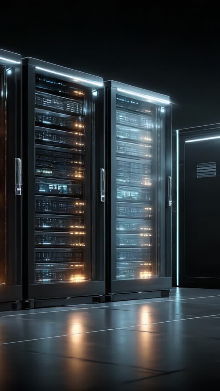 En fantastisk udsigt over højteknologiske serverracks badet i blød belysning, der viser avanceret teknologi i et mørklagt datacenter-miljø