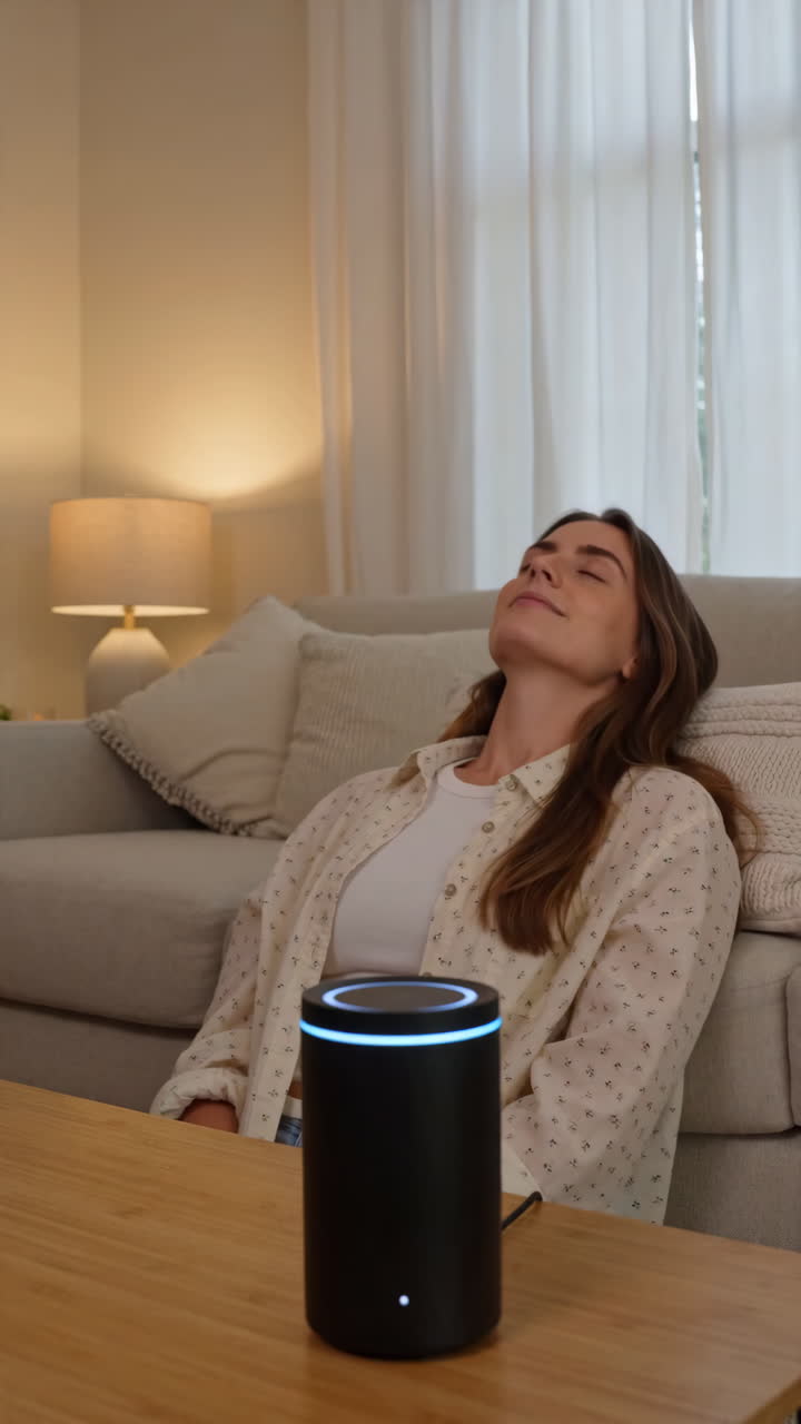 White Woman In Living Room Smiling At Glowing Smart Speaker On Wooden Table, Warm Lamp Light, Neutral Sofa