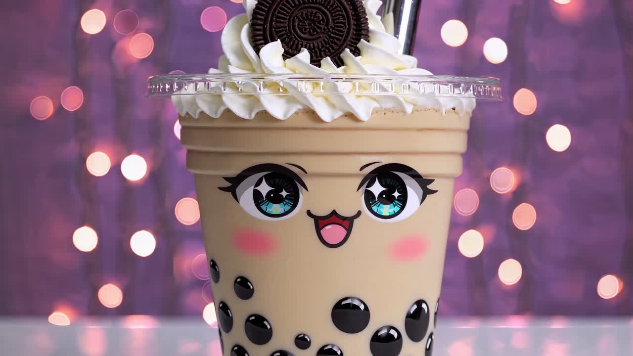 Kawaii bubble tea cups featuring whipped cream, chocolate cookie topping, and straws nestled against vibrant purple bokeh background, showcasing trendy Asian beverage culture