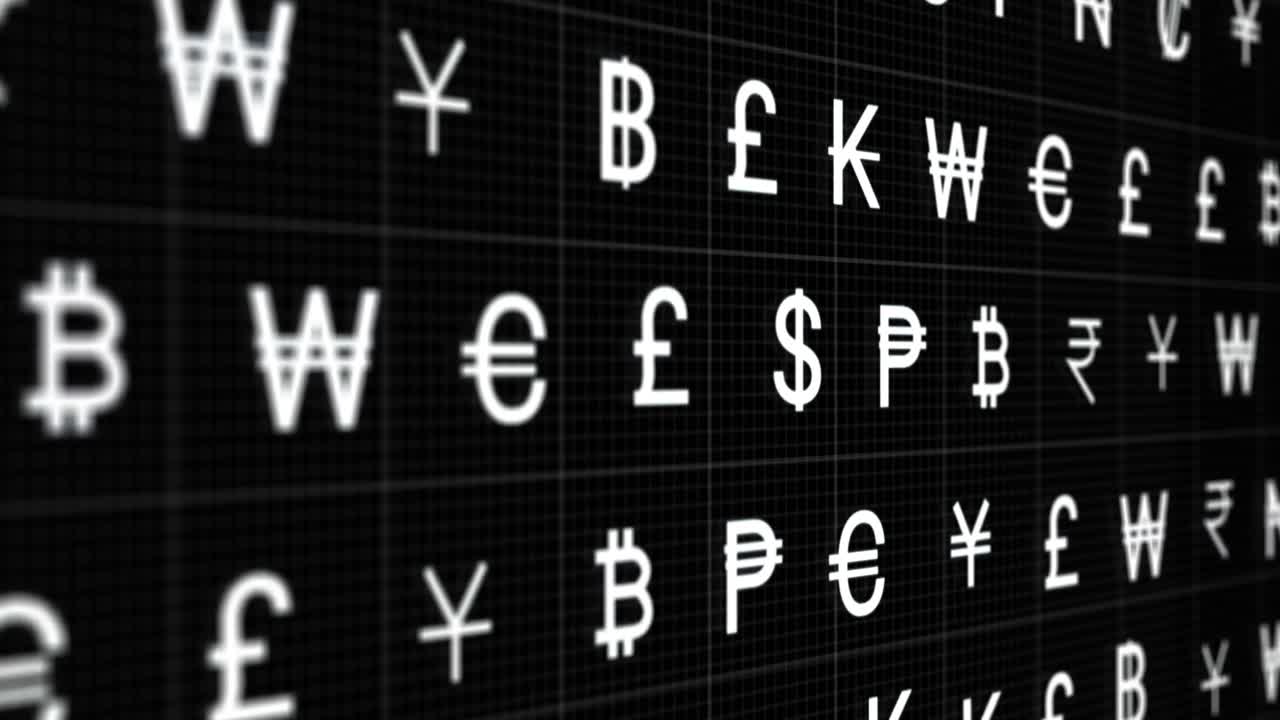 Animation of rows of currency signs moving on black background