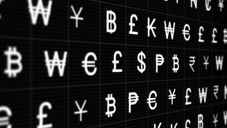 Animation-of-rows-of-currency-signs-moving-on-black-background