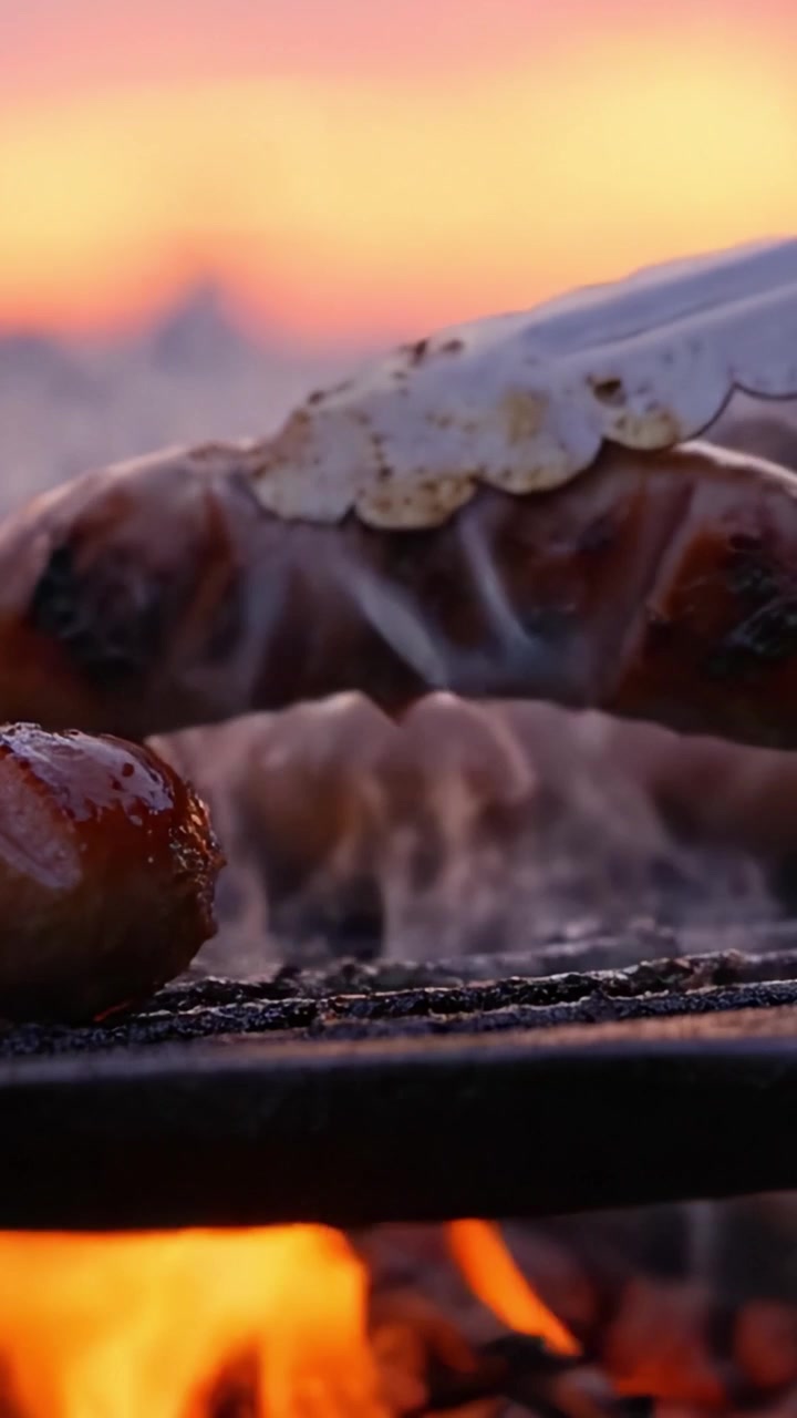 Salsicce gourmet sfrigolanti su fiamma viva al tramonto, che mettono in risalto l'arte della grigliata con colori e texture visivamente accattivanti.